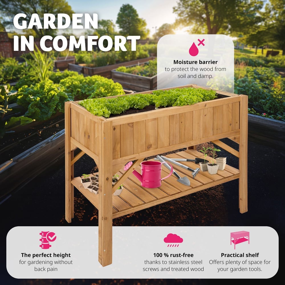 tectake Brown Wooden Raised Bed with Storage Shelf Image 4