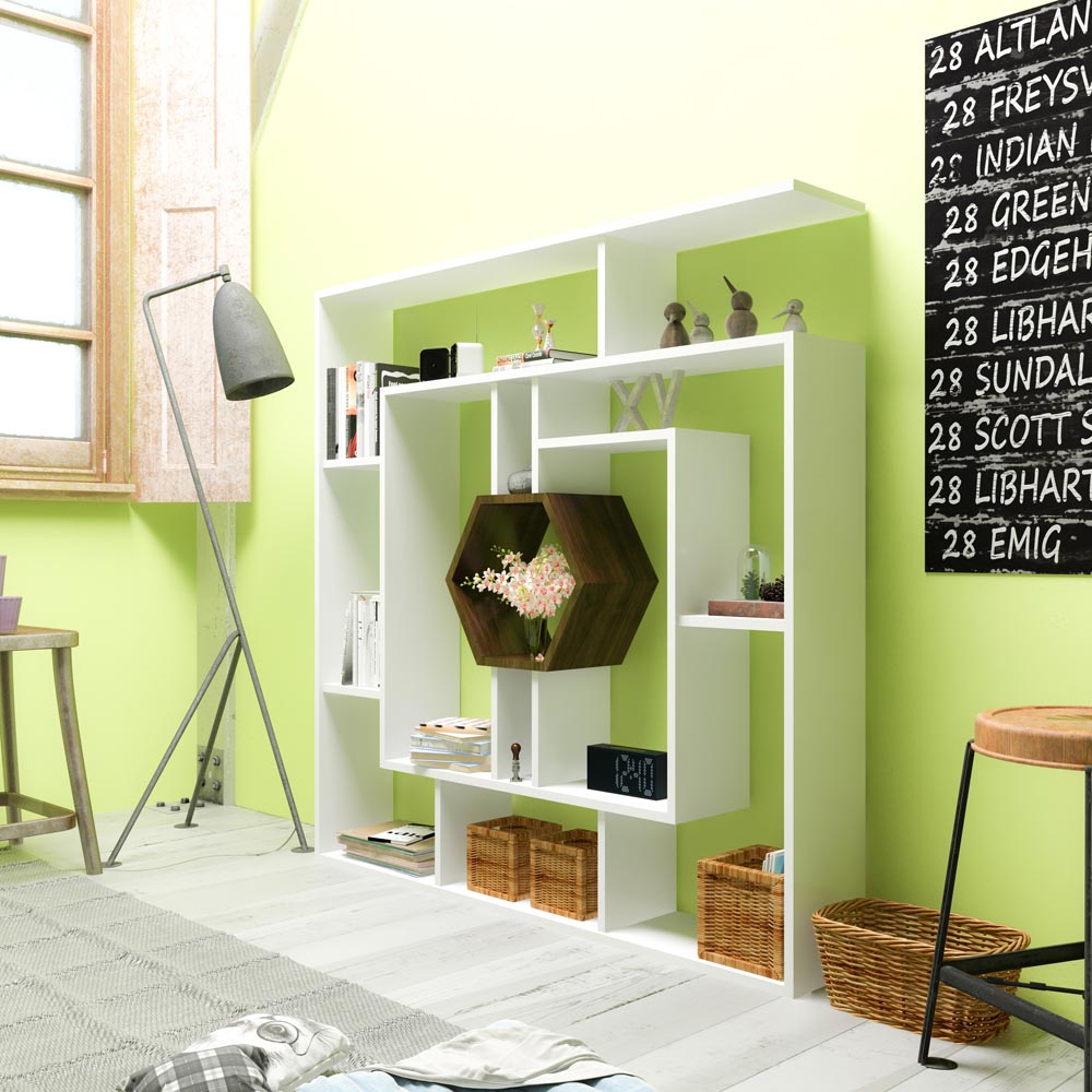 Decorotika Labrina 12 Shelf White and Walnut Hexagonal Geometric Bookcase Image 4