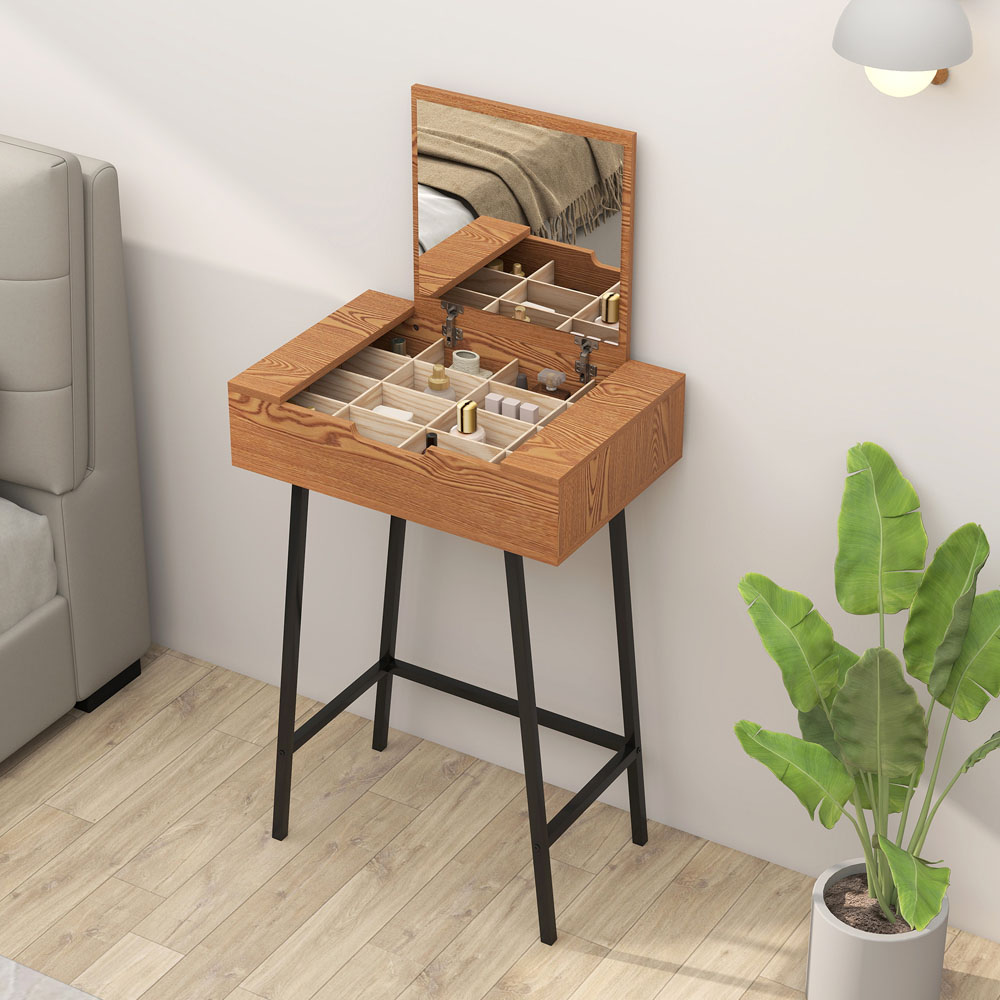 HOMCOM Natural Wood Effect Industrial Vanity Desk with Mirror Image 4
