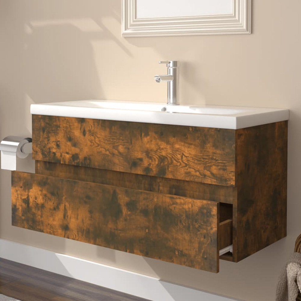 vidaXL 2 Drawer Smoked Oak Sink Cabinet with Built in Basin Image 1