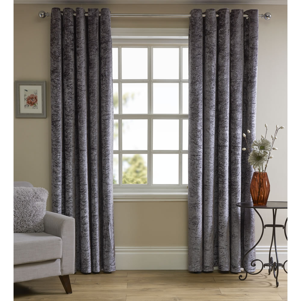 Wilko Silver Crushed Velvet Effect Lined Eyelet Curtains 167 W x 137cm D Image 1