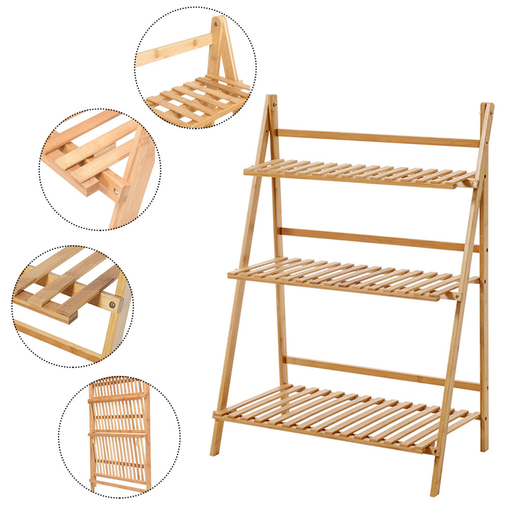Living and Home 3 Tier Natural Wooden Foldable Ladder Shelf Image 3
