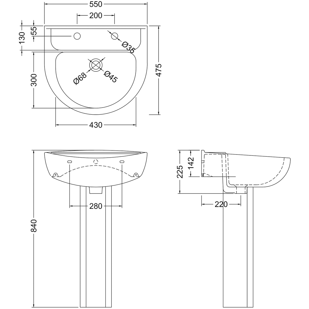 nuie Melbourne 2 Tap Hole White Basin and Pedestal 550mm Image 2