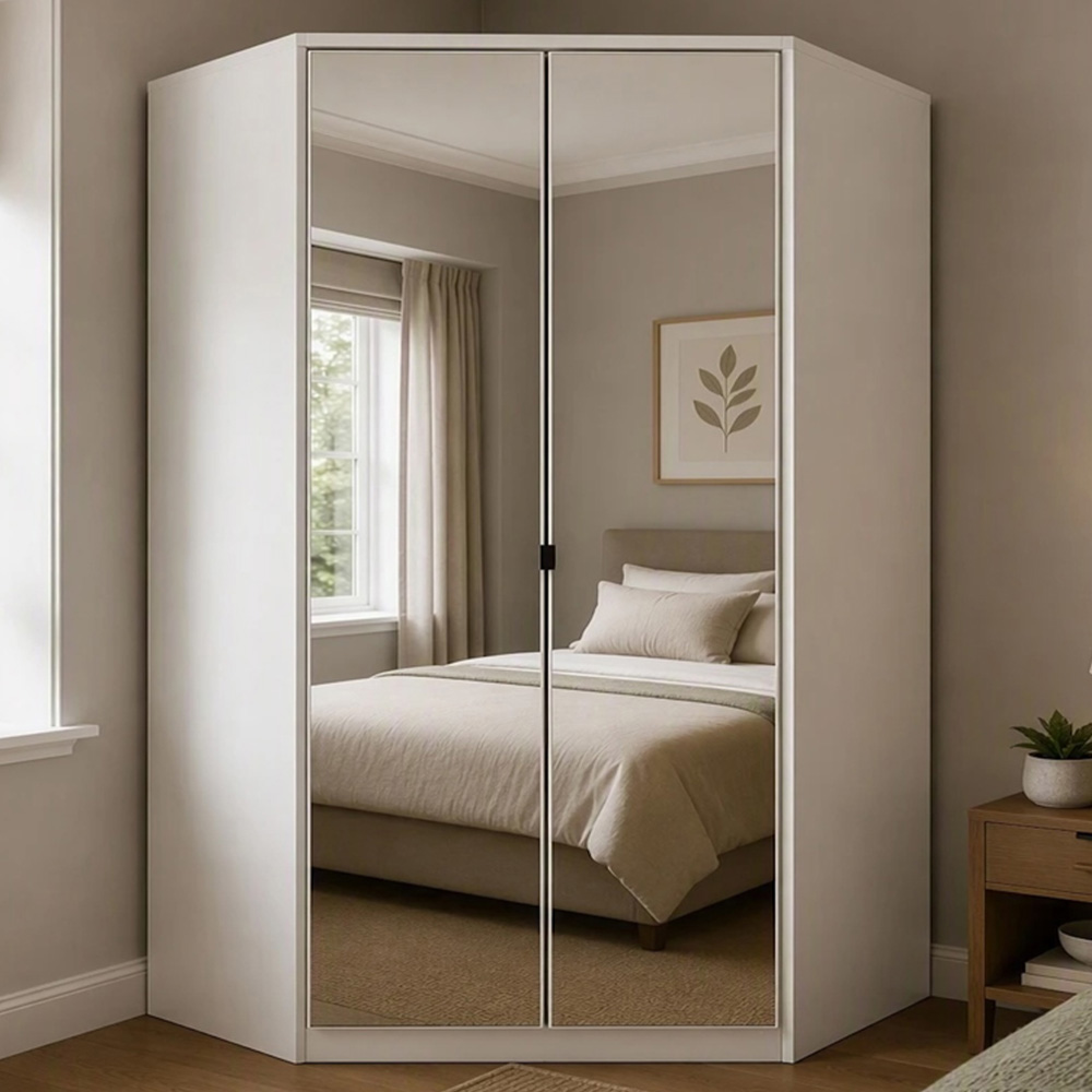 TJ'S Venice 2 Door White Mirrored Corner Wardrobe Image 1