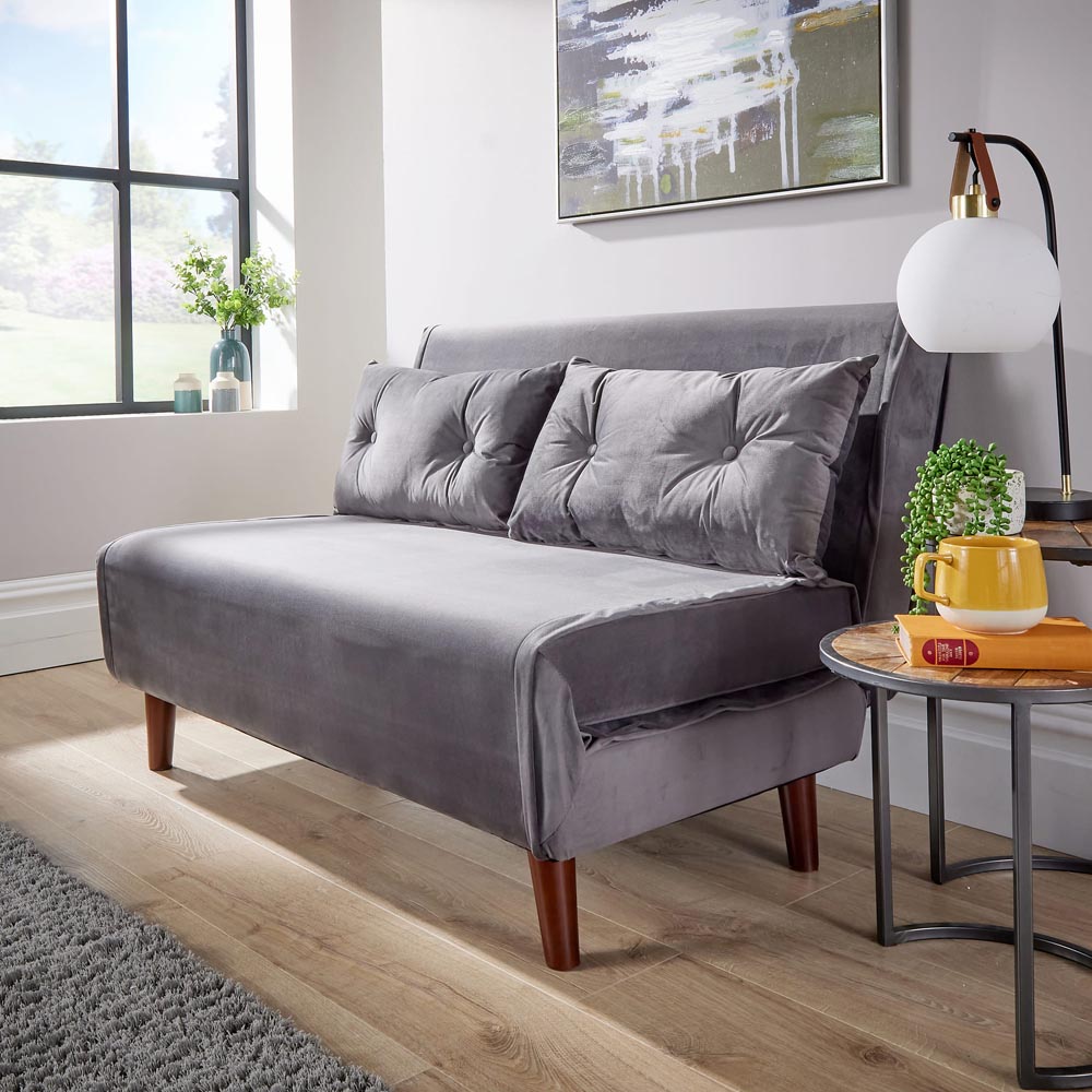 Home Source Morella 2 Seater Grey Velvet Folding Sofa Bed with Pillow Image 8