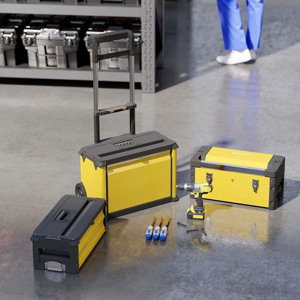 HOMCOM 3 Tier Yellow Stackable Steel Tool Box with Wheels Image 4