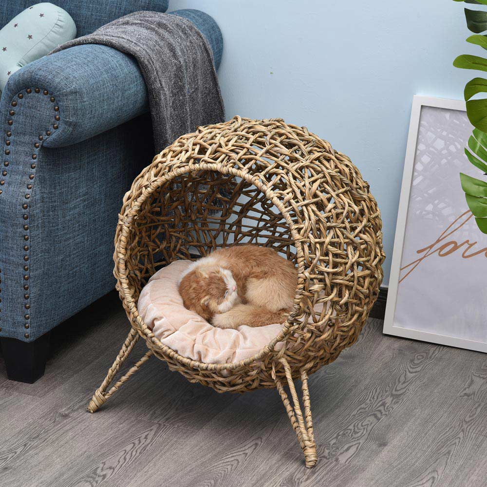 PawHut Woven Rattan Elevated Cat Bed Natural Image 9