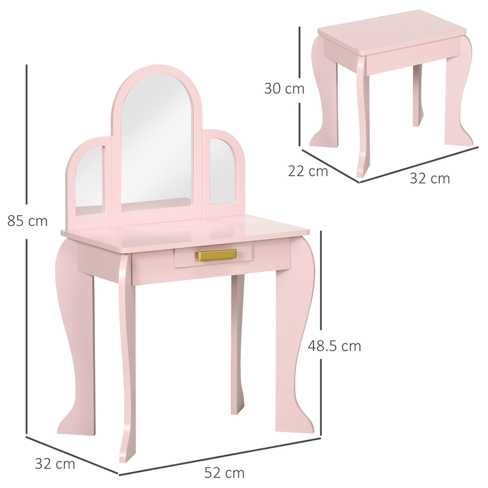 HOMCOM Kids Pink Dressing Table Set with Stool and Mirror Image 6