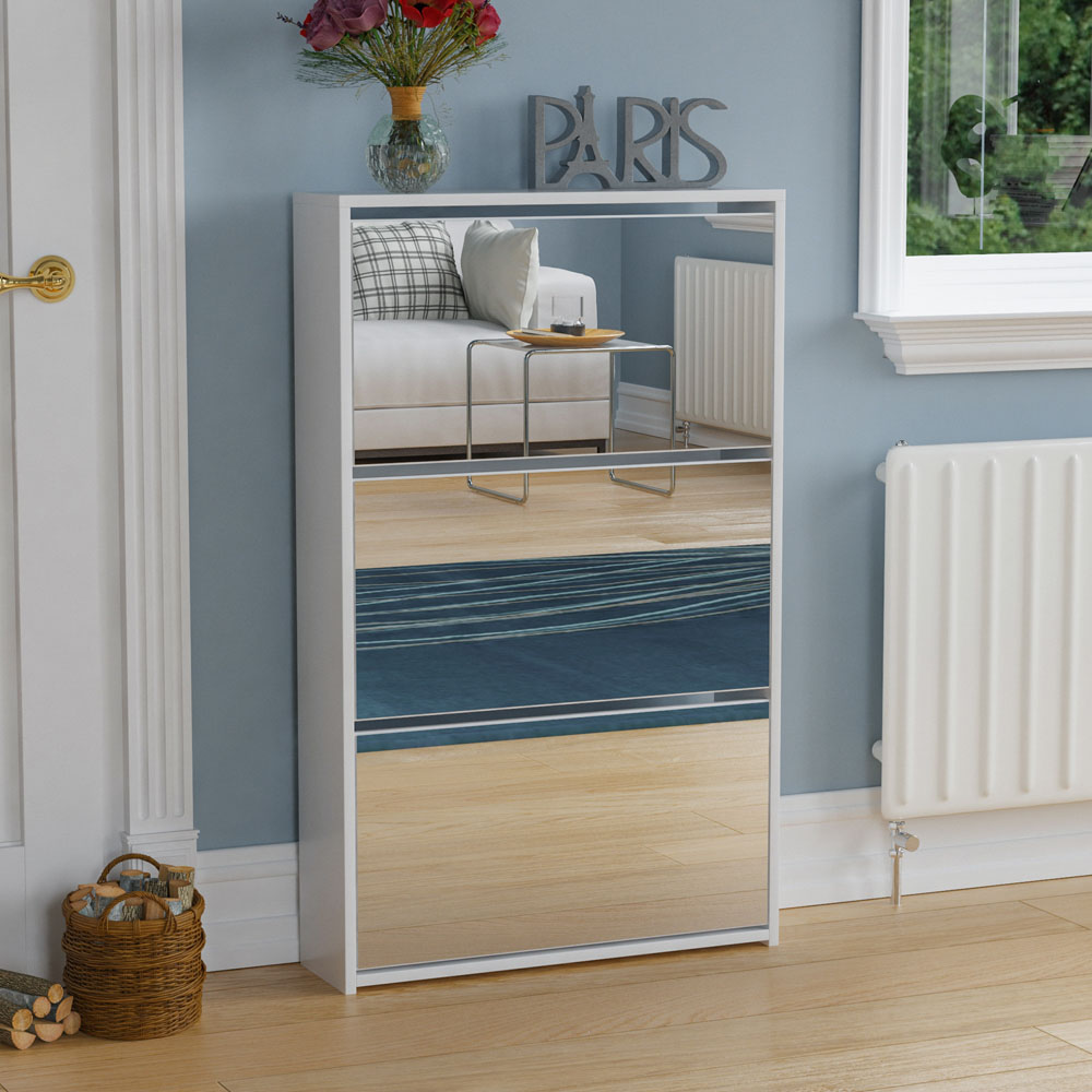 Vida Designs Welham White 3-Drawer Mirrored Shoe Cabinet Rack Image 1