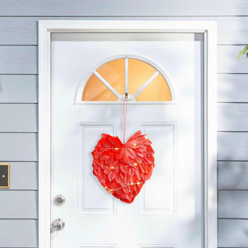 Living and Home Warm White LED Red Feather Heart Shaped Hanging Decoration 25cm Image 2