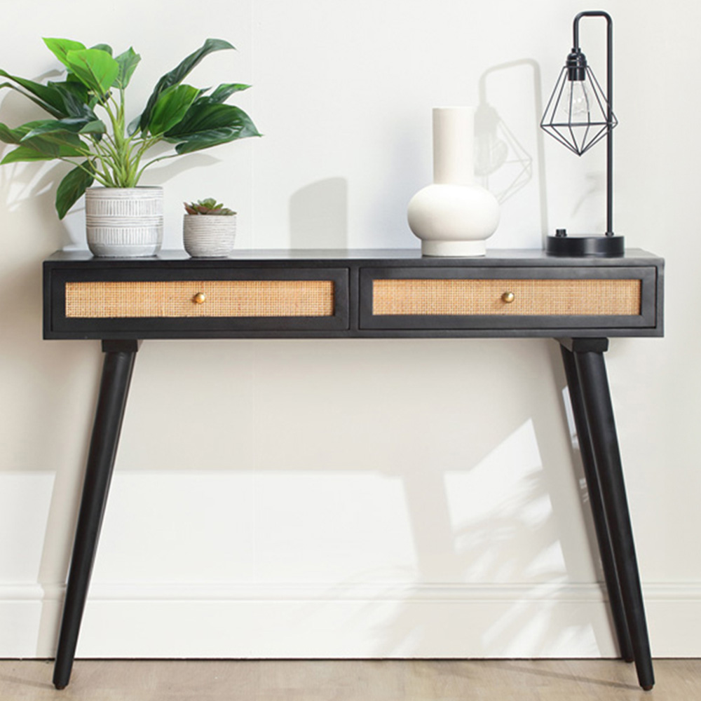 Desser Manhattan 2 Drawer Black Mango Wood and Rattan Console Table Image 1