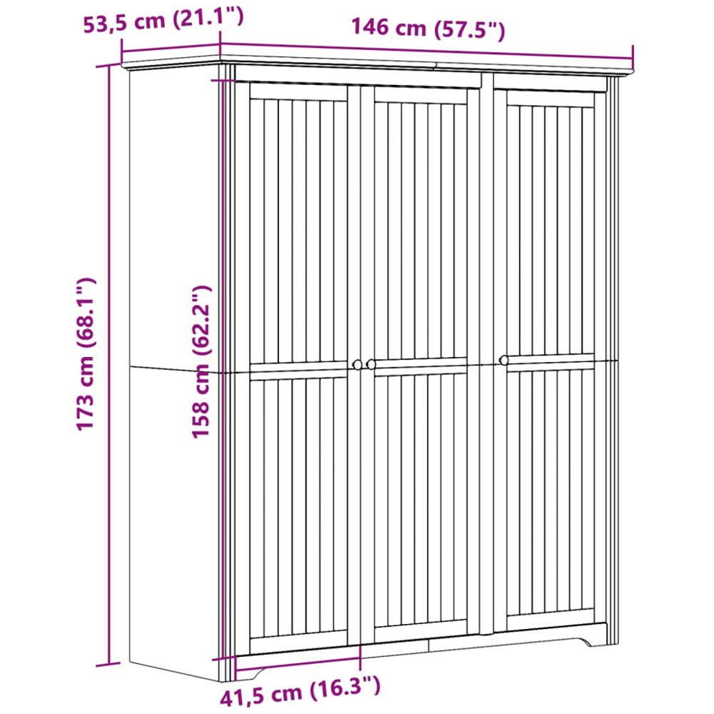 vidaXL Bodo 3 Door White Solid Wood Pine Wardrobe Image 9