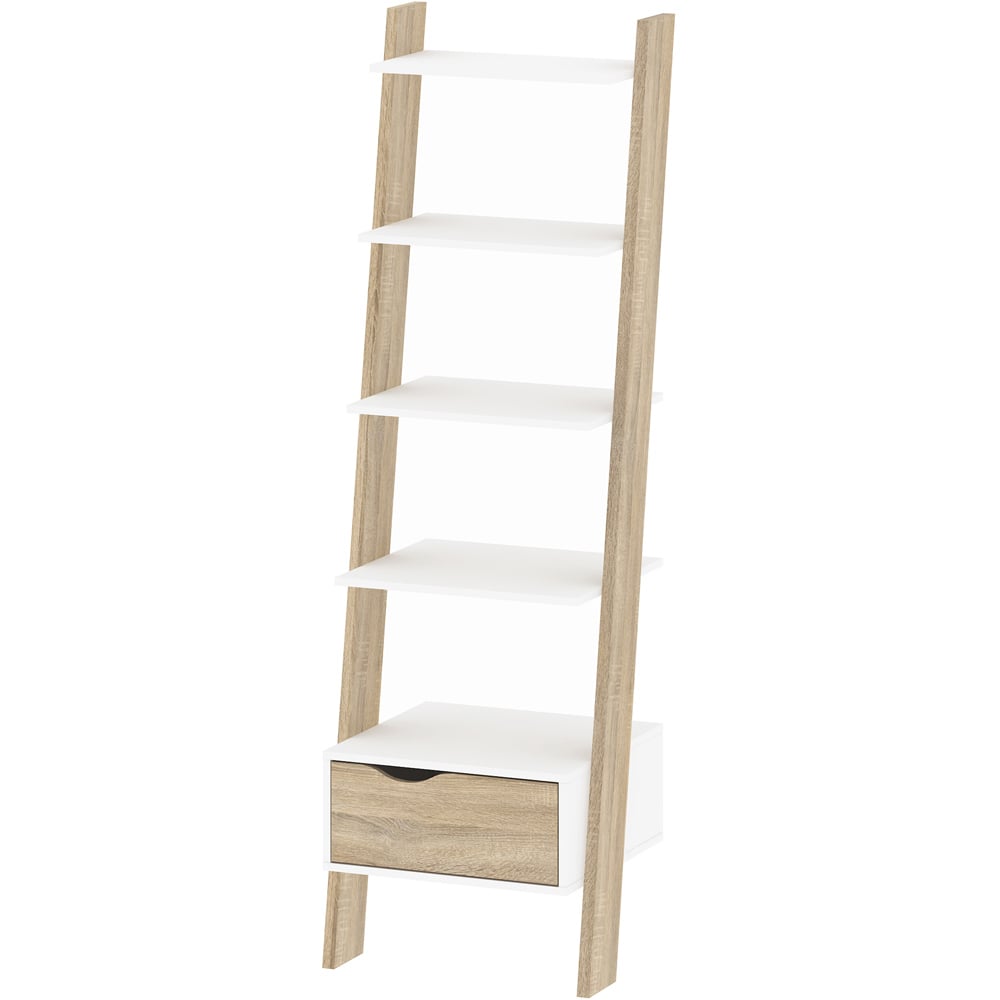 Florence Single Drawer 4 Shelf White and Oak Leaning Bookcase Image 3