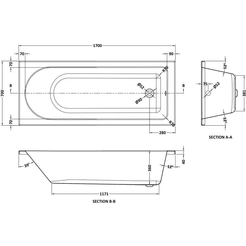 nuie 1700 x 700mm Standard Bath with Panel and Screen Image 2