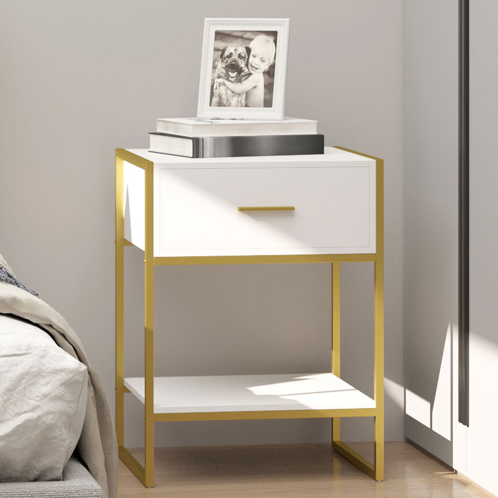 Portland Single Drawer and Shelf White and Gold Bedside Table Image 1