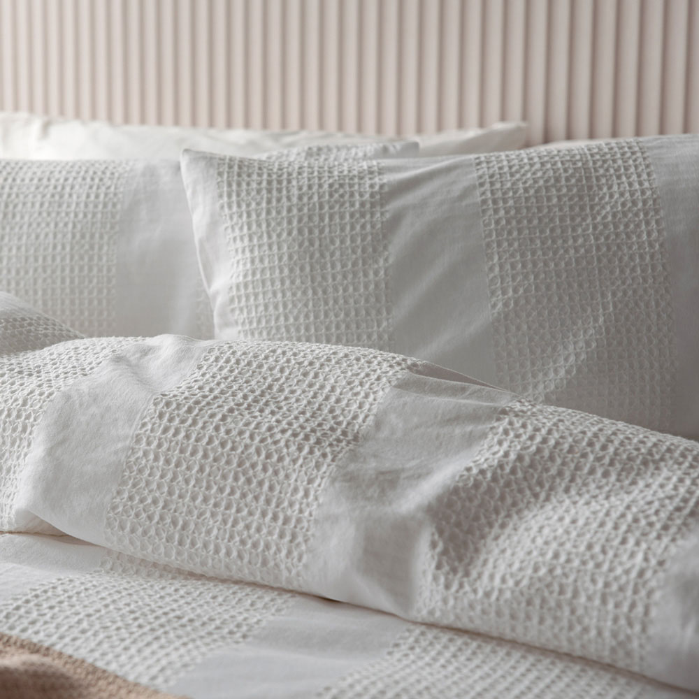 Serene Waffle Stripe Super King Size White Duvet Set Image 2