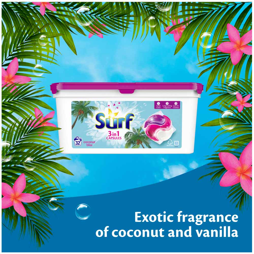 Surf 3 in 1 Coconut Bliss Laundry Washing Capsules 32 Washes Wilko