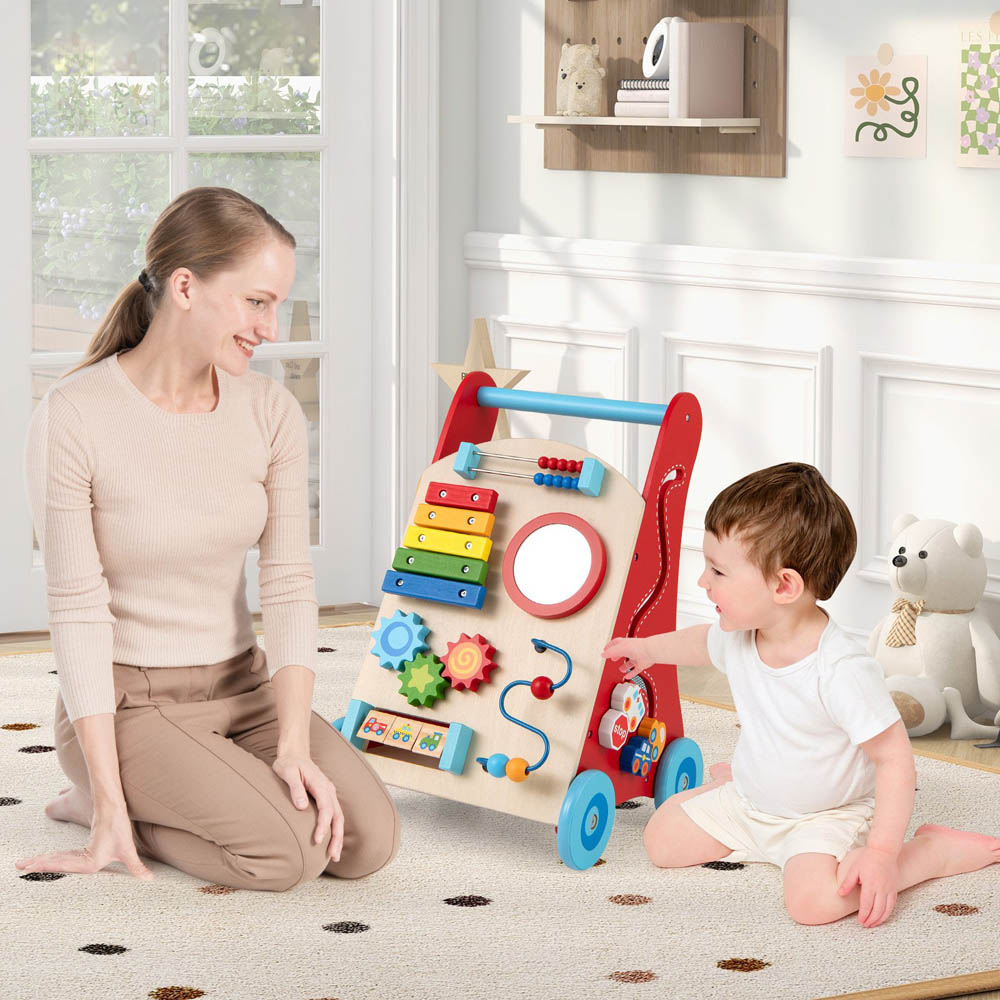 Costway Kids Red Wooden Baby Walker with Mirror Image 2