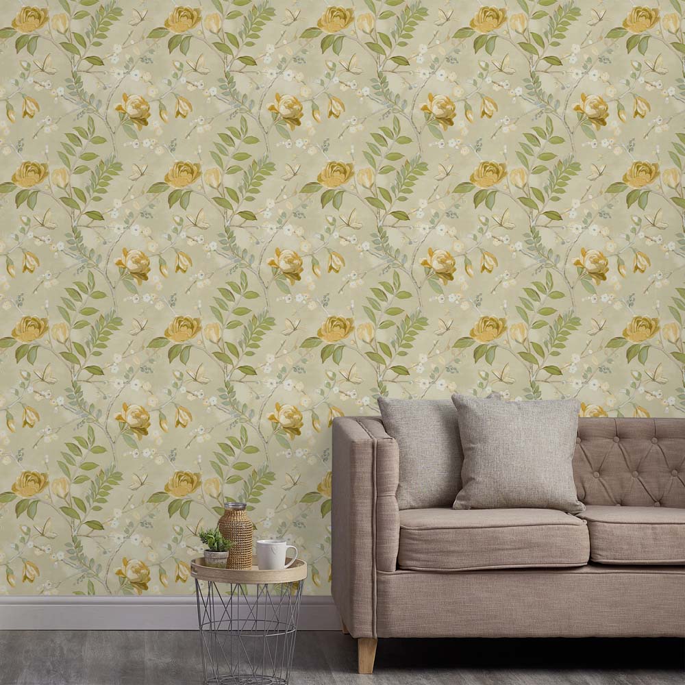 Grandeco Lola Painted Floral Trail Yellow Wallpaper Image 4