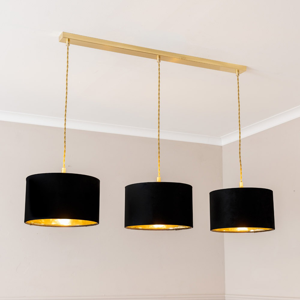 ValueLights Reni Black and Gold Drum Shade 3 Drop Bar Gold Diner LED Ceiling Lights Image 2