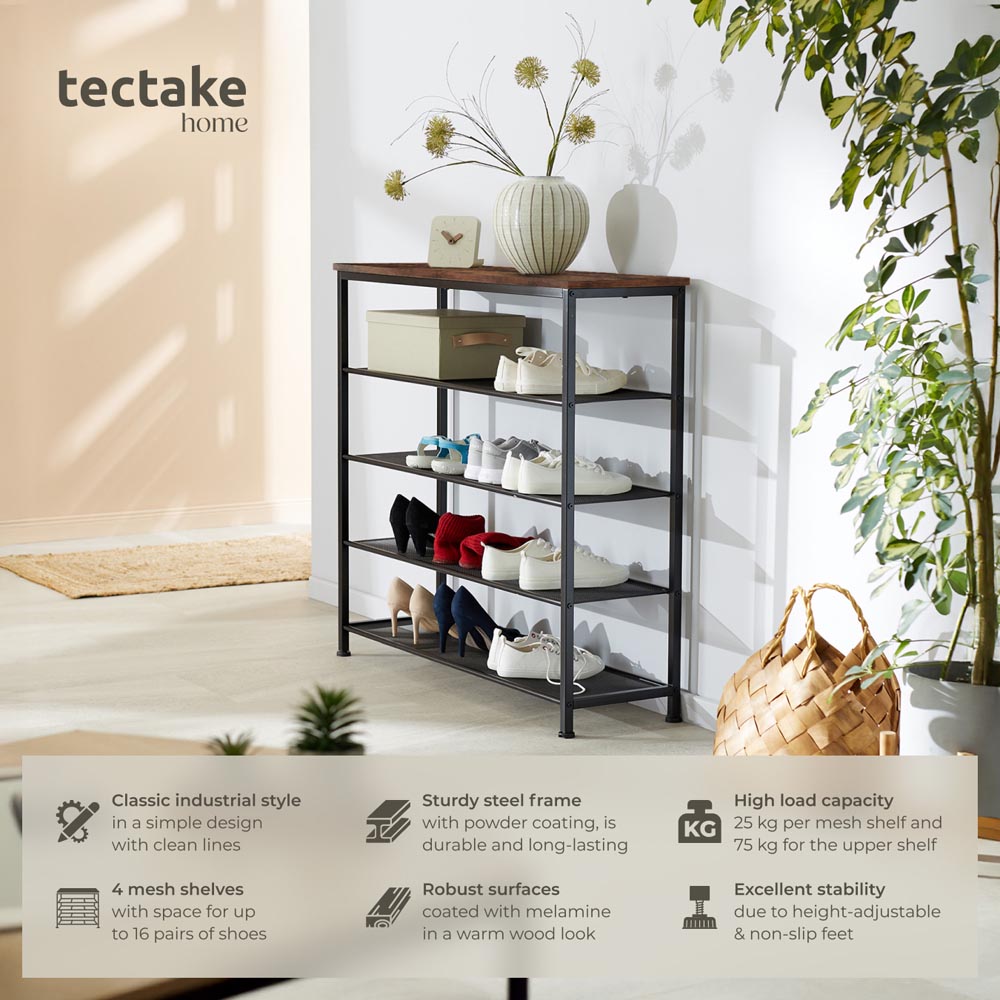 tectake Sheffield 4 Grid Shelf Dark Wood Shoe Rack Image 2