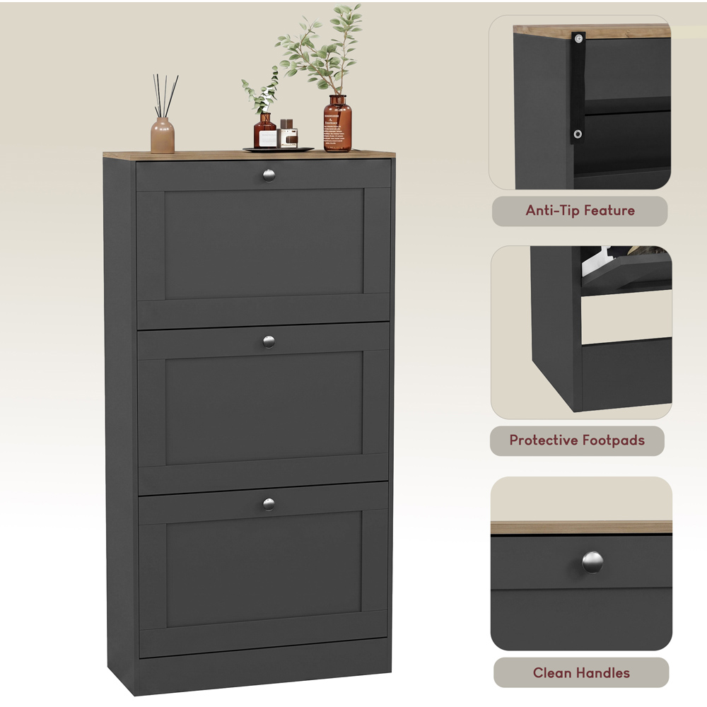 Vida Designs Altino 3 Flip Down Drawer Charcoal Grey and Oak Shoe Cabinet Image 5