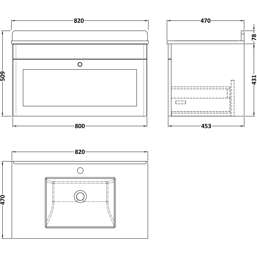 nuie Classique Single Drawer Satin Grey Wall Hung Unit and 1 Tap Hole Marble Top Square Basin 800mm Image 3
