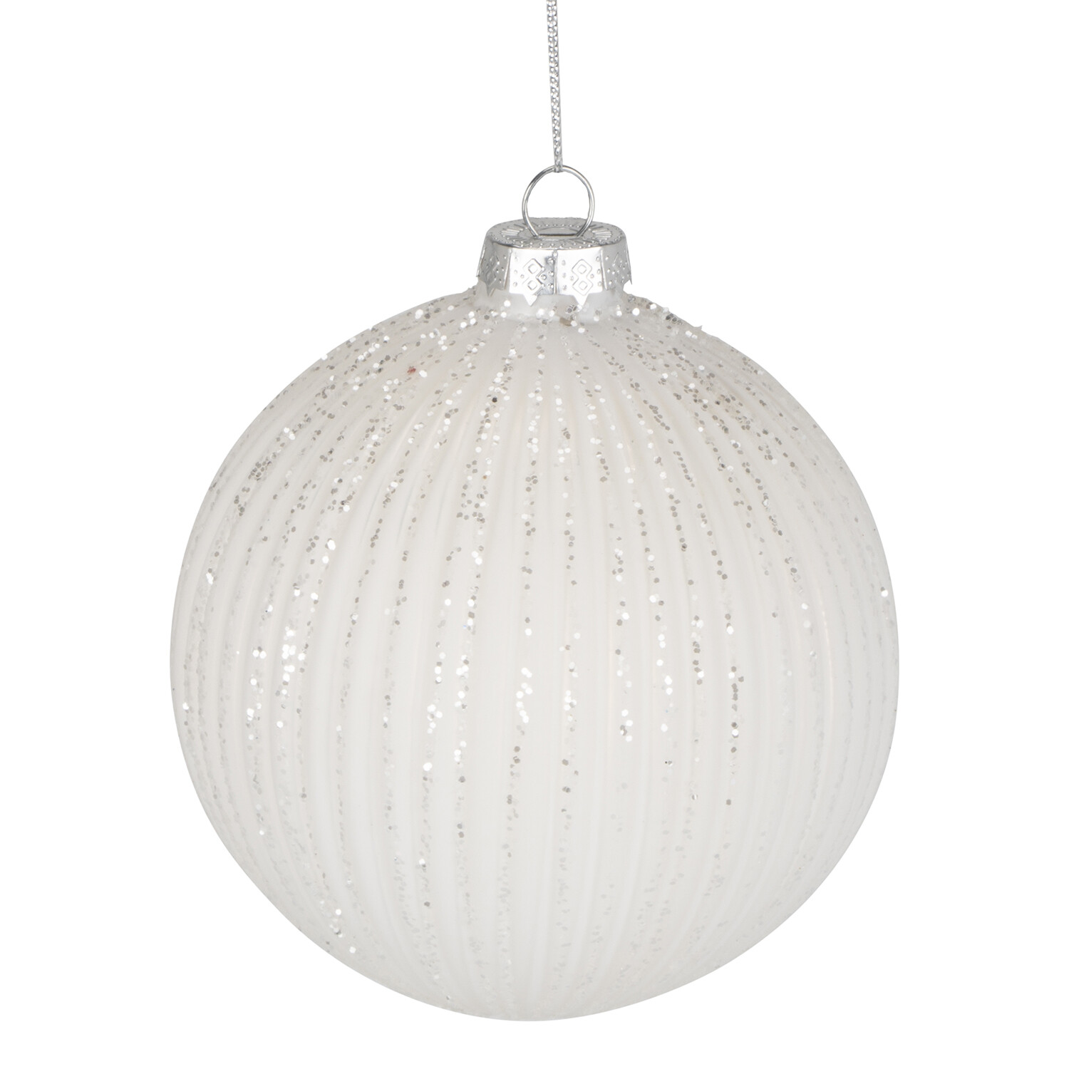 Frosted Fairytale White Glitter Striped Bauble Image