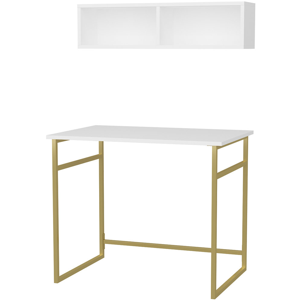 Decorotika Hussum Computer Desk with 2 Section Wall Shelf Gold and White Image 2