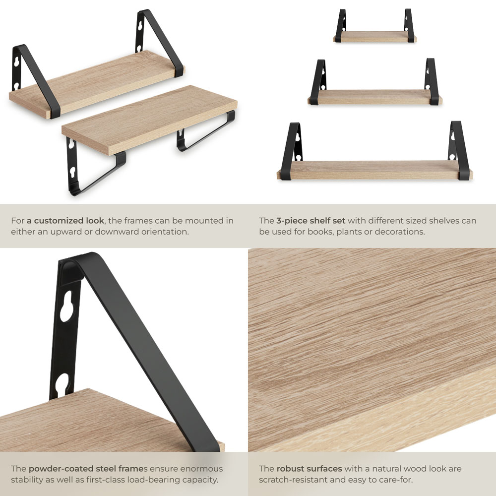 tectake Oak Wall Shelf with Decorative Metal Bracket Set of 3 Image 5