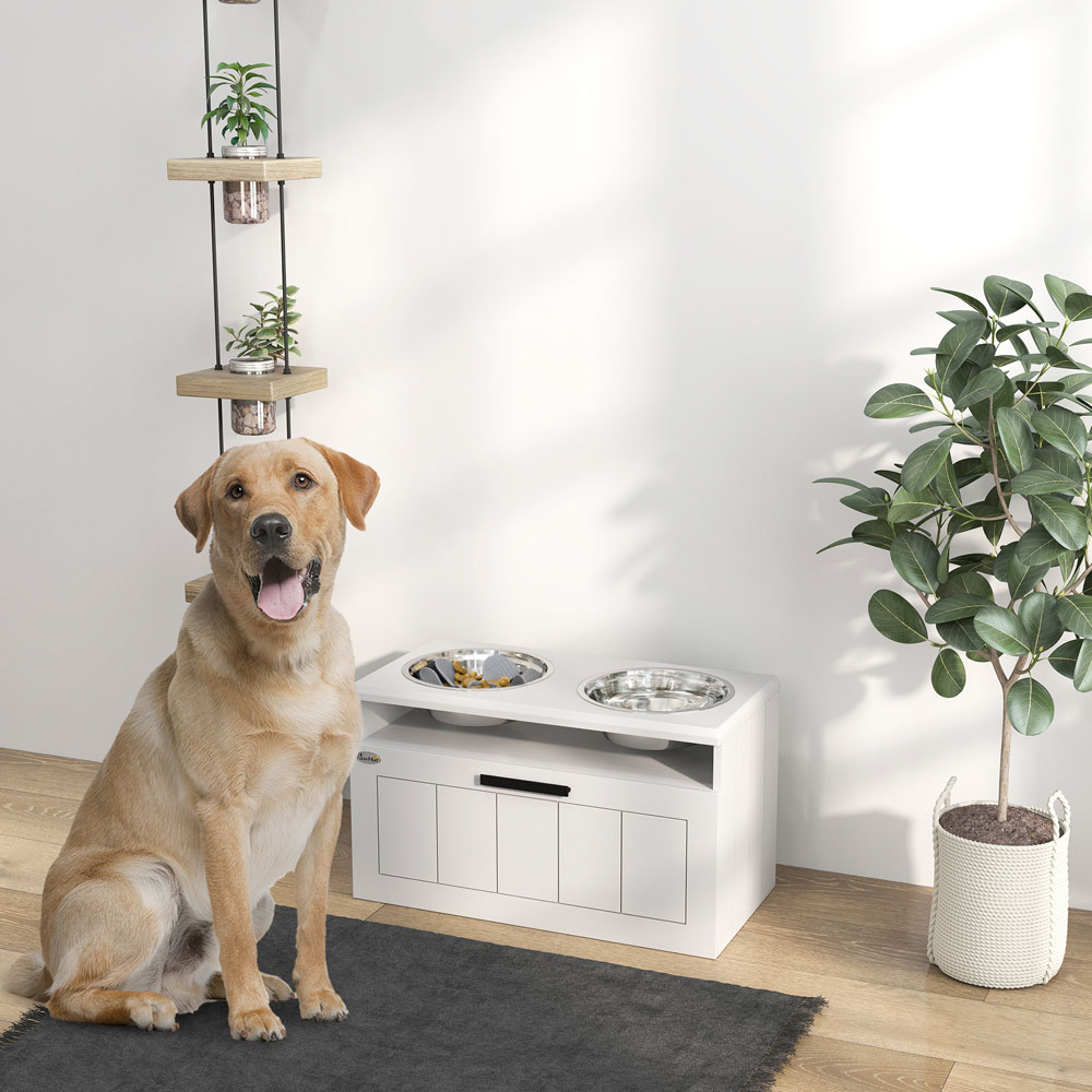 PawHut White Raised Elevated Dog Bowl with Slow Feeder Mat Image 2