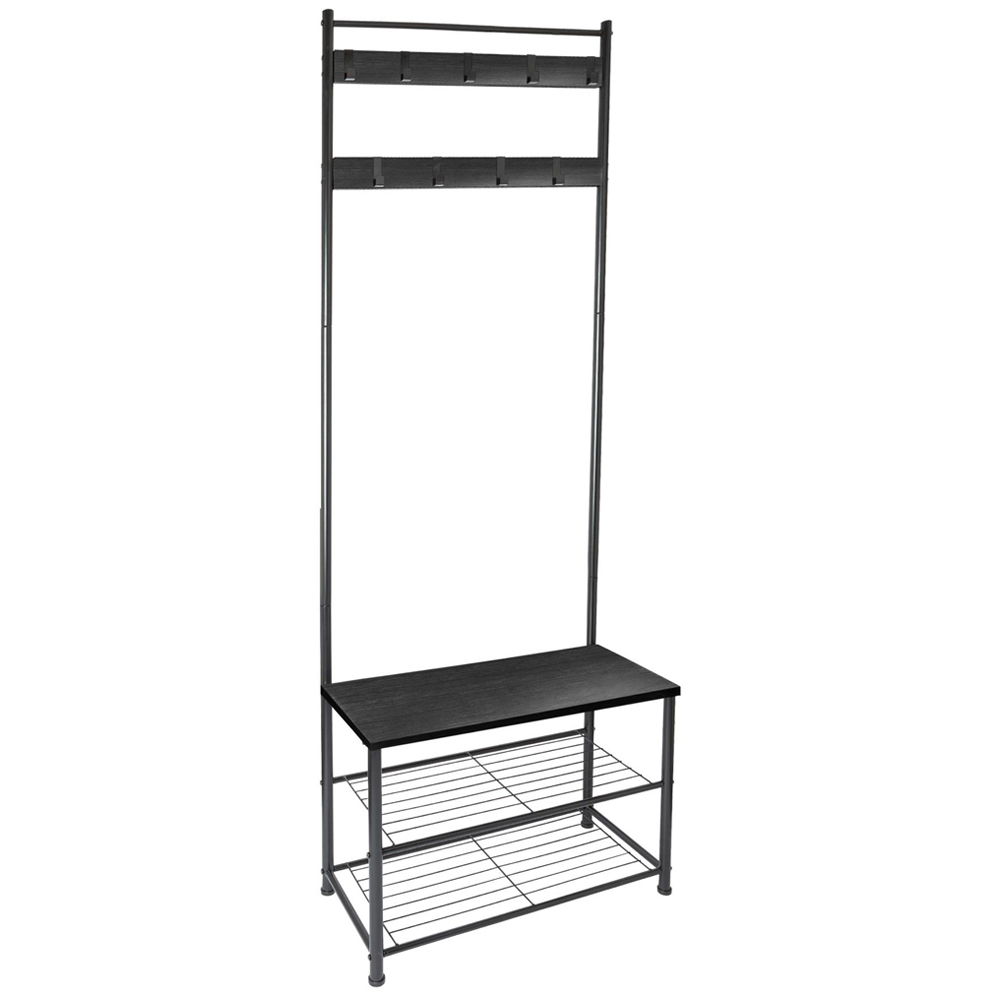 Harbour Housewares 2 Shelf 9 Hook Black Square Steel Coat Rack with Shoe Storage Bench Image 2