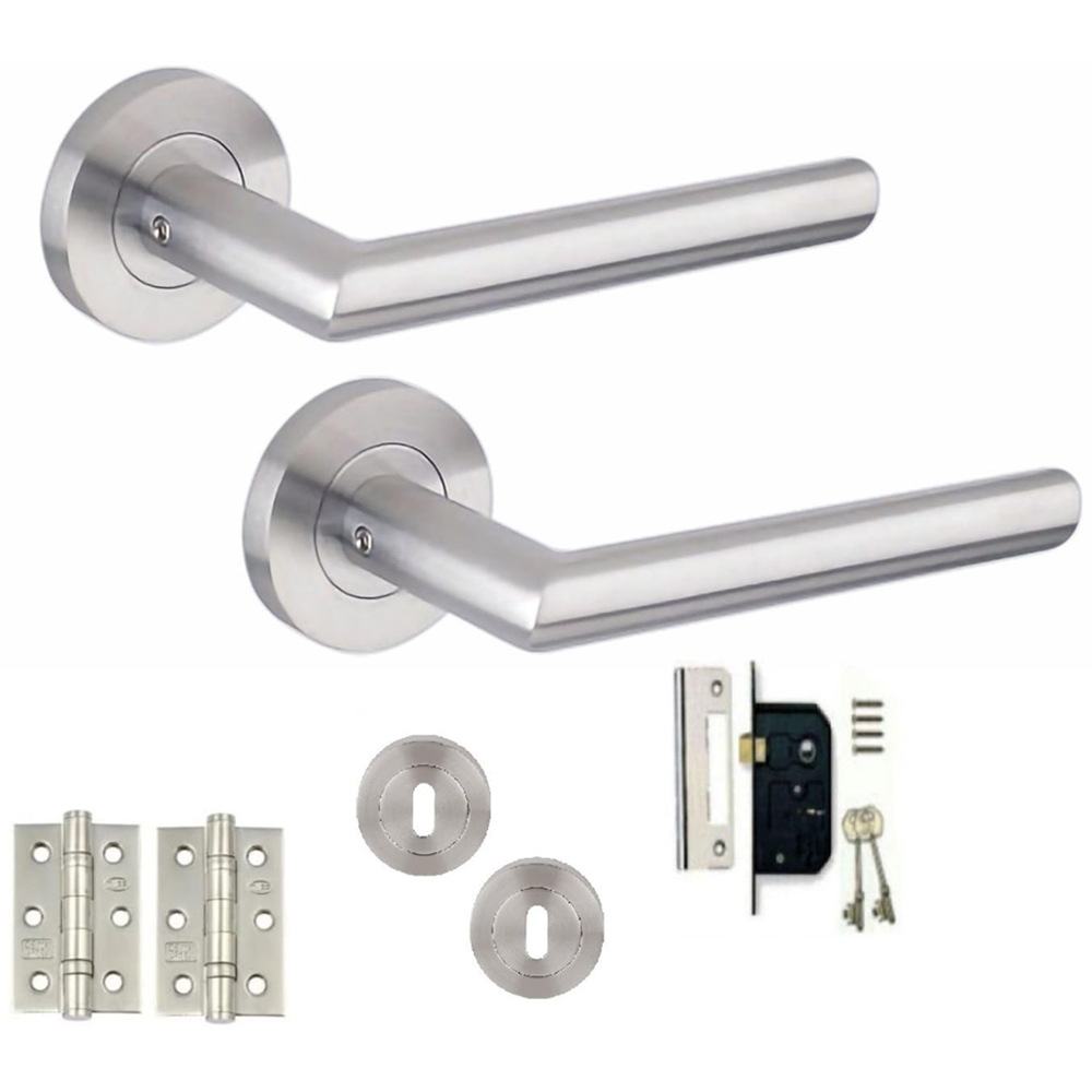 Golden Grace Mitred Satin Nickel Door Handle Pair with 3 Lever Mortise, Hinges and Key Hole 64mm Image 1