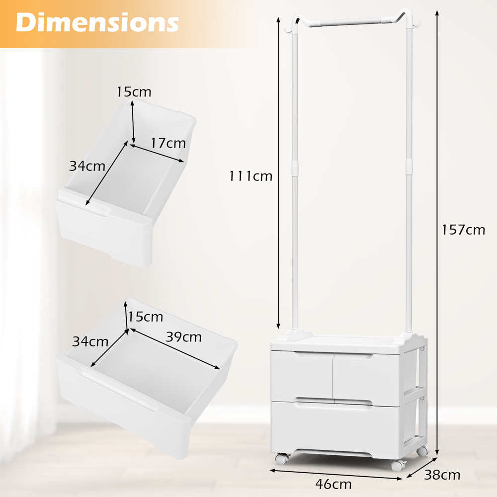 Costway 2 Drawer White Clothing Rack with Side Hooks Image 9