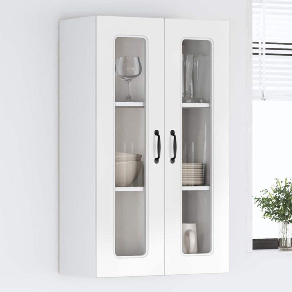 vidaXL 2 Glass Door High Gloss White Kitchen Wall Cabinet Image 1