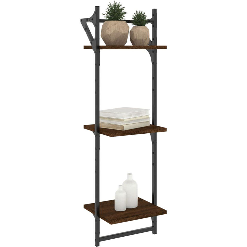 vidaXL Set of 2 3 Shelf Brown Oak Floating Wall Shelf with Bar Image 3