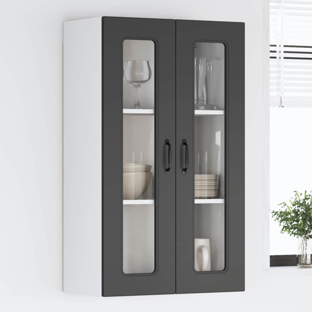 vidaXL 2 Glass Door Black Kitchen Wall Cabinet Image 1