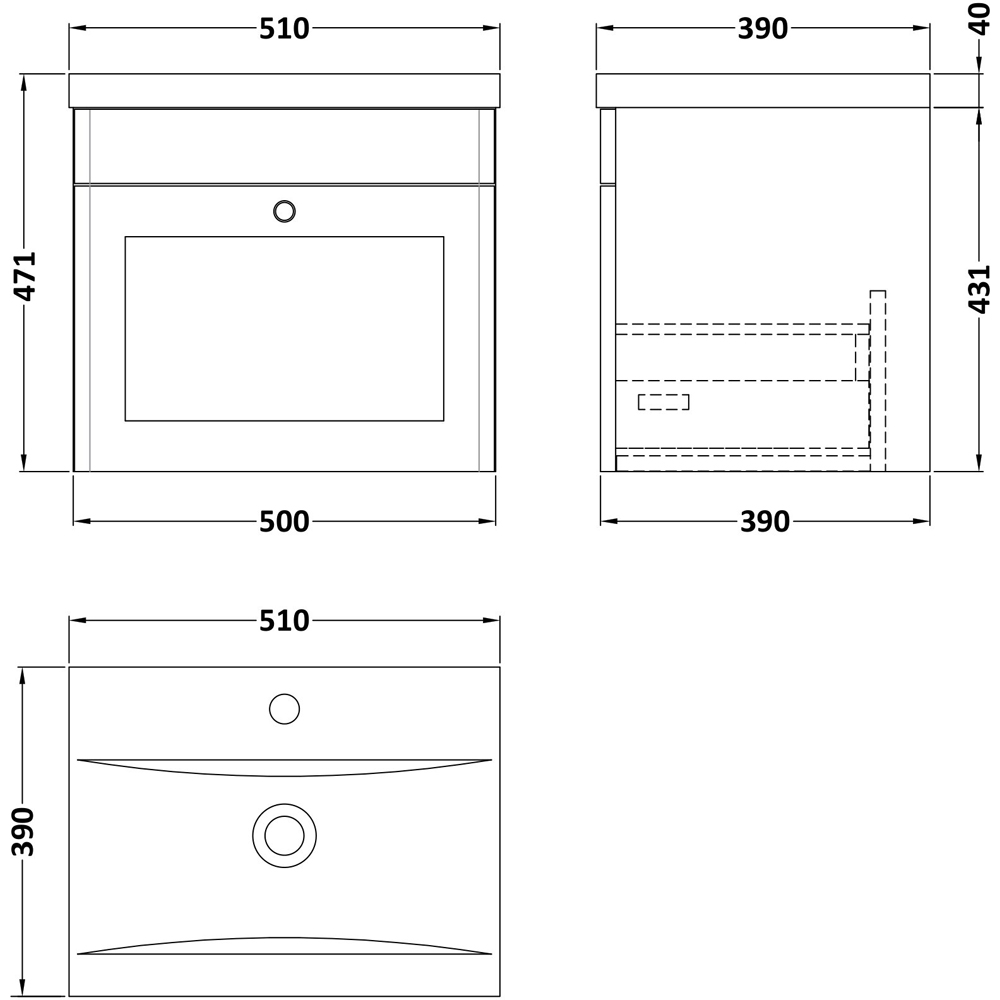 nuie Classique Single Drawer Soft Black Wall Hung Unit and Mid-Edge Ceramic Basin 500mm Image 3