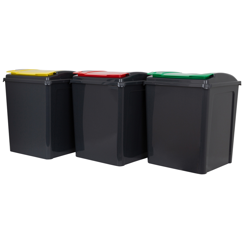 Wham 3 Piece 50L Plastic Recycle Bin Graphite/Asst Red/Green/Yellow Lids Image 1