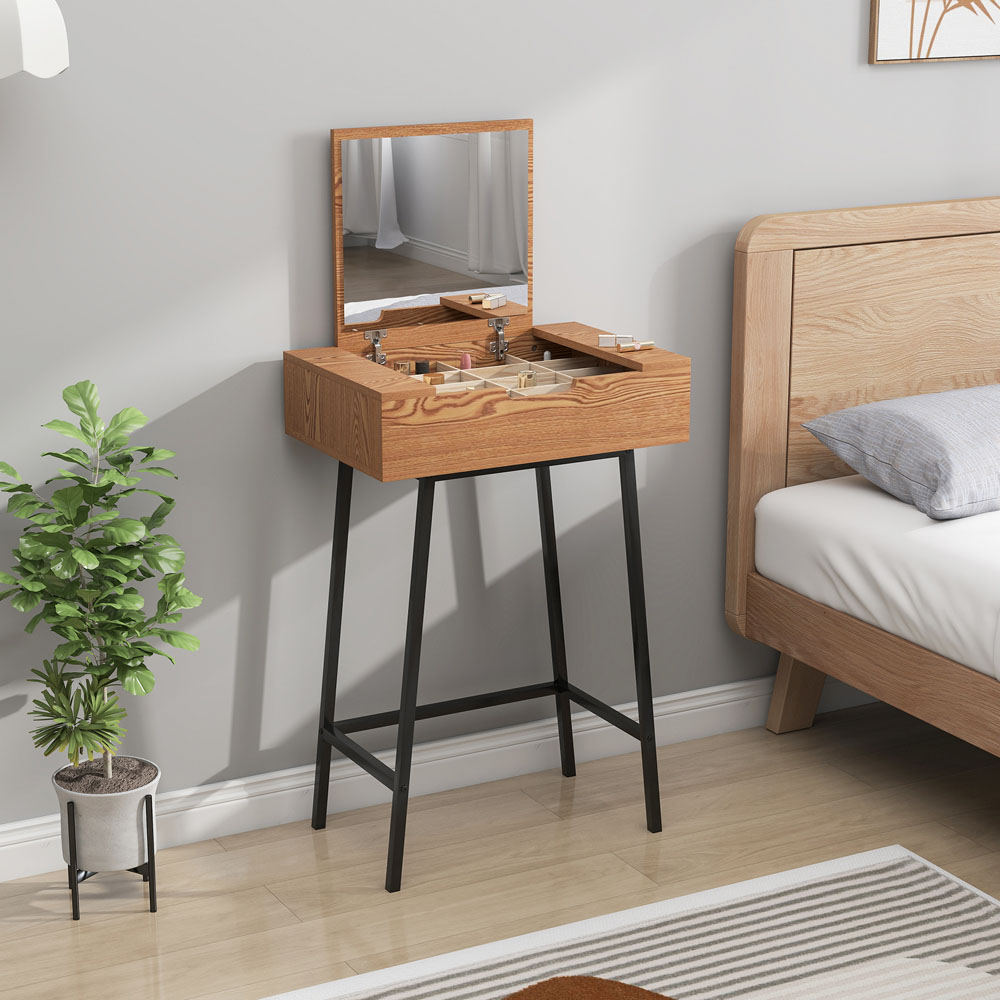 HOMCOM Natural Wood Effect Industrial Vanity Desk with Mirror Image 3