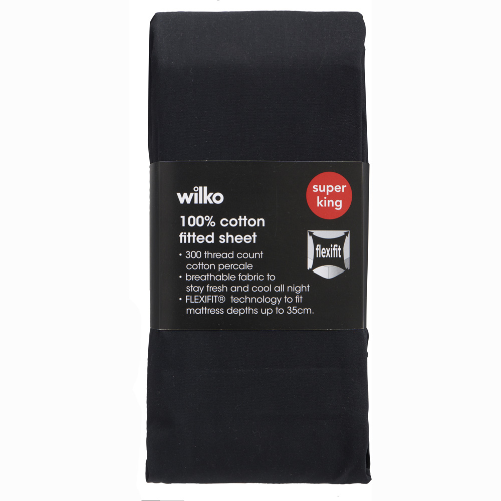 Wilko Best Super King Black 300 Thread Count Percale Fitted Bed Sheet Image 2