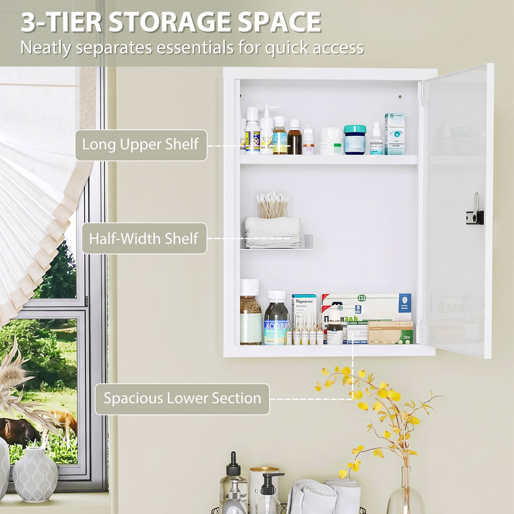 HOMCOM Single Door White Wall-Mounted Medicine Cabinet with Combination Lock Image 6