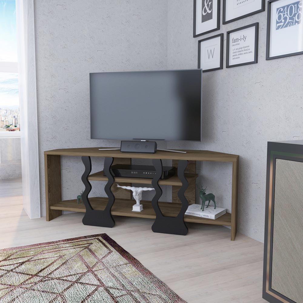 Decorotika Firal 2 Shelf Oud Oak And Black Corner TV Unit Image 2