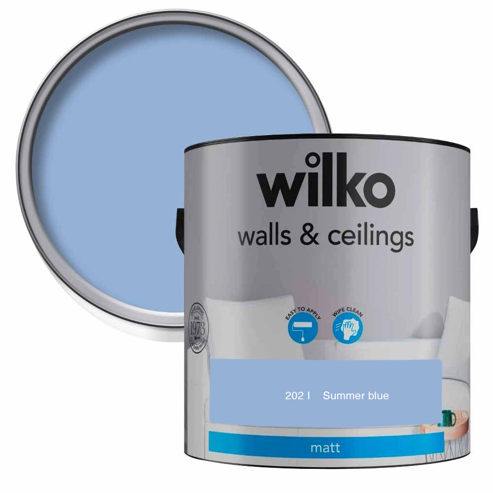 Wilko Walls & Ceilings Summer Blue Matt Emulsion Paint 2.5L Image 1