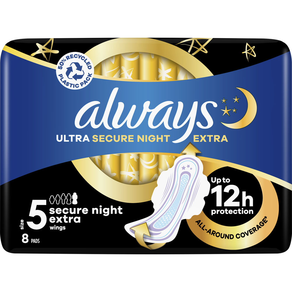 Always Ultra Secure Night Extra Sanitary Towels with Wings Size 5 x 8 Pack Image 1