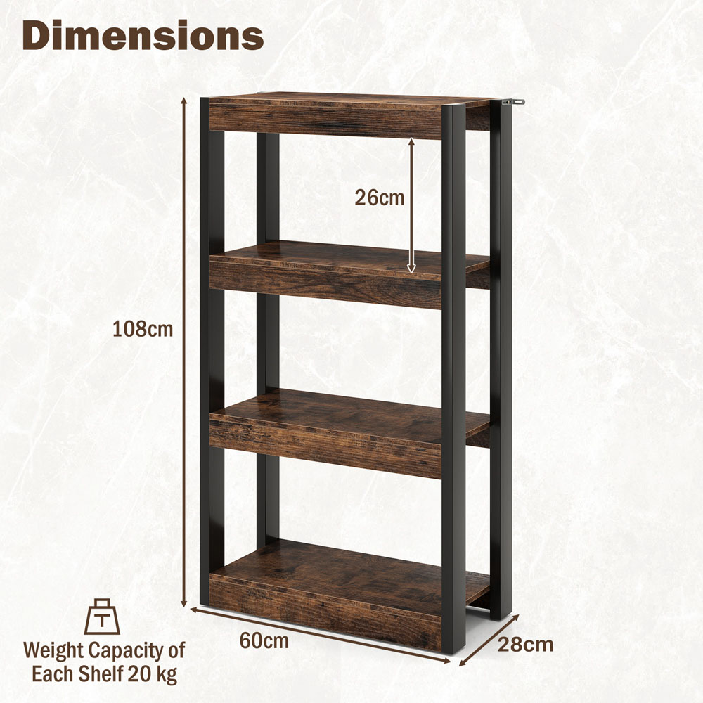 Costway 4 Tier Rustic Brown Wooden Bookcase with Dual Anti Tipping Kits Image 8