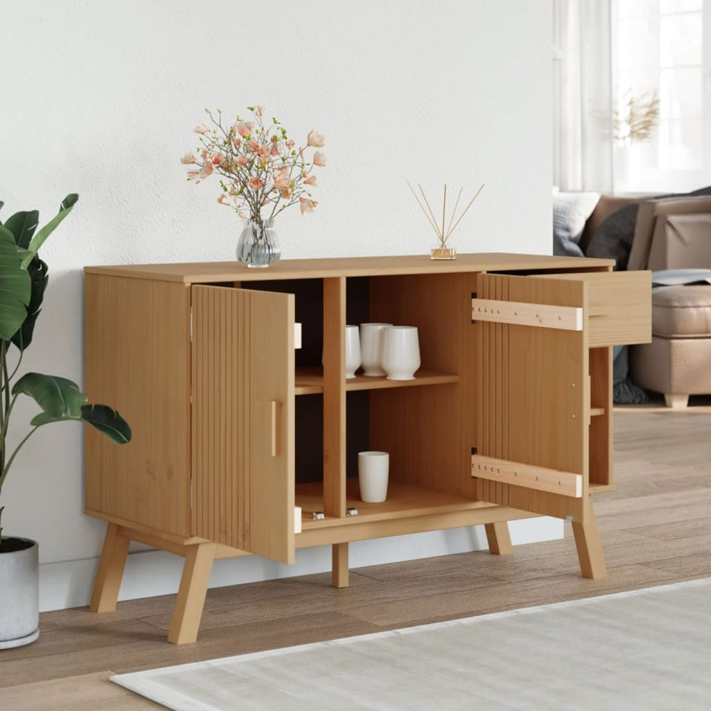 vidaXL 2 Door Single Drawer 2 Shelf Brown Pine Wood Sideboard Image 4