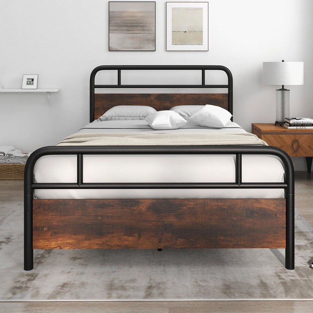 Costway Double Rustic Brown and Black Bed Frame Image 4
