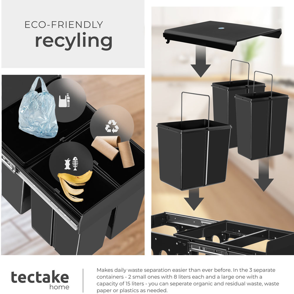 Tectake Ashlyn 3 Compartment Black Telescopic Kitchen Bin 31L Image 7