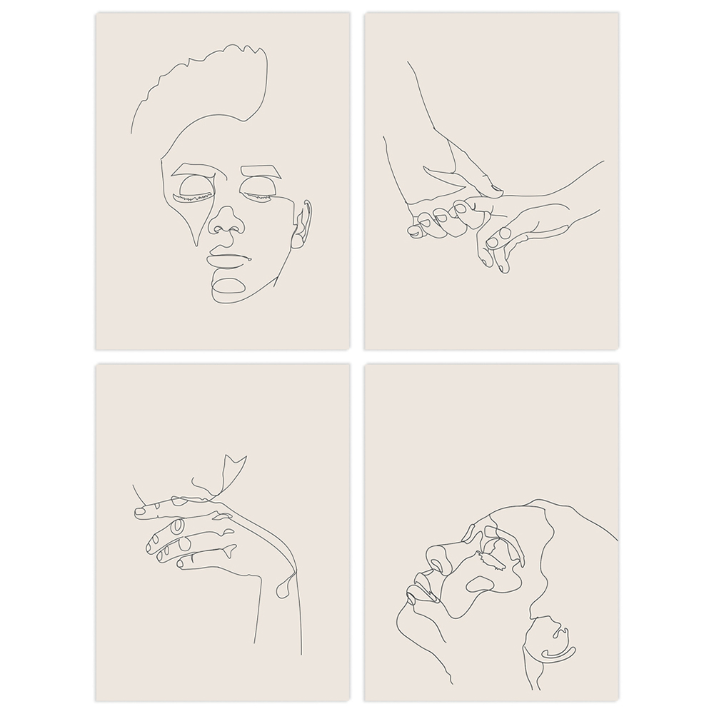 Wee Blue Coo Black and Cream Minimalist Line Drawing Faces Hands Wall Art Print 30 x 41cm 4 Pack Image 1